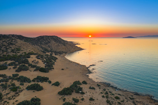 The tropical, scenic nudist beach of agios Ioannis on Gavdos island, Greece at sunset.
