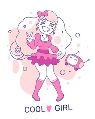 Vector illustration of a girl in pink dress with flying robot fr