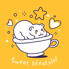 Vector line art style illustration of a charming laying white bear in cup on yellow background.