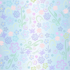 Beautiful floral pattern pastel colors. Many Small decorative flowers and curls on blue;background vector illustration for design cambric fabric, background of women's site, wallpaper, wrapping paper