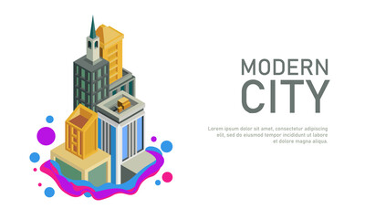 Fototapeta premium Vector illustration of a skyscraper in isometric design. Suitable for the illustration of a fast growing modern city. Abstract background illustration of office buildings in big cities.