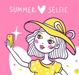 Vector close up illustration of a romantic girl in a hat taking selfie on the phone on pink background with heart.