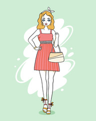 Vector fashion illustration of a beautiful blonde girl in a dress with bag in cool shoes.
