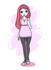 Vector fashion illustration of a beautiful girl in pink blouse and leggings with loose hair on white background.
