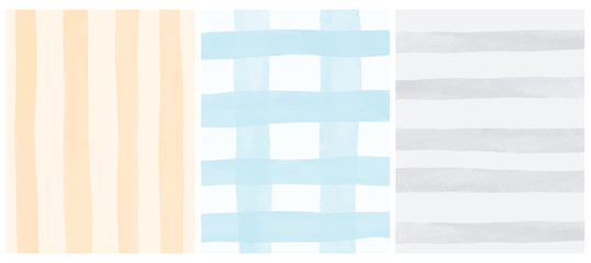 Simple Geometric Vector Blanks. Light Blue Grid, Yellow and Gray Free Hand Stripes Backgrounds. Abstract  Prints Ideal for Layout, Cover, Card. Creative Brush Painted Layouts. 