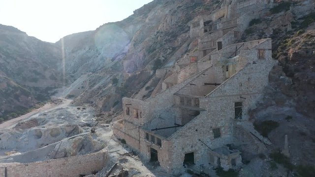 Aerial View of an Old Abandoned Sulphur Mine on Milos Island, Greece at Sunset
