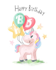 Happy Birthday Slogan with Cute  Animal and Colorful Balloons Illustration