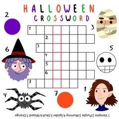 Halloween kids crossword stock vector illustration. Funny cartoon halloween worksheet with wizard, vampire, mummy, skull, spider, purple and orange colors. Amusing writing practice english words game