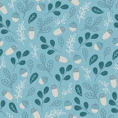 Fototapeta na wymiar Christmas seamless pattern with leaves, acorns on blue background