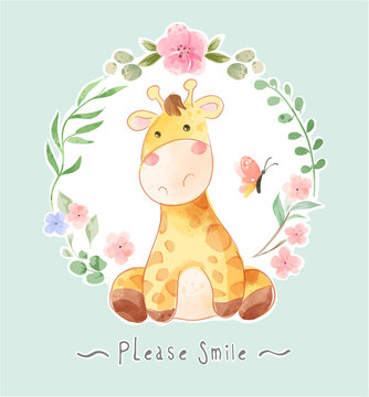 Cartoon Giraffe and Butterfly in floral Frame Illustration