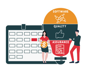 Flat design with people. SQA - software quality assurance. Platform. business concept background. Vector illustration for website banner, marketing materials, business presentation, online advertising
