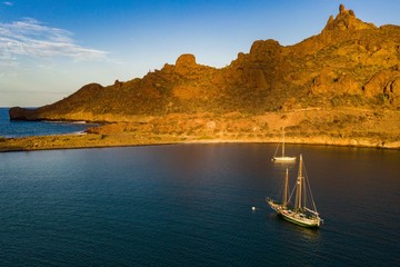 An aerial view of sailboats in a lagoon located on the Sea of Cortez Mexico.