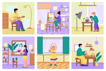 Naklejka na ściany i meble Set of people performing free time activities and hobbies, flat cartoon vector illustration. People home different leisure and hobby banners collection.