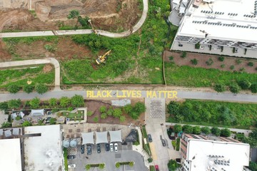 Aerial View of the Atlanta Beltline,  Black Lives Matter Yellow Mural on the Beltline Path, 2020