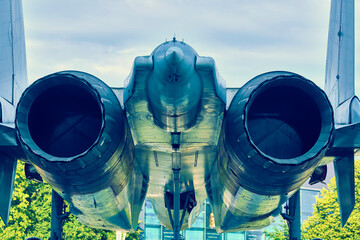 Jet fighter engine nozzle. close up. color nature