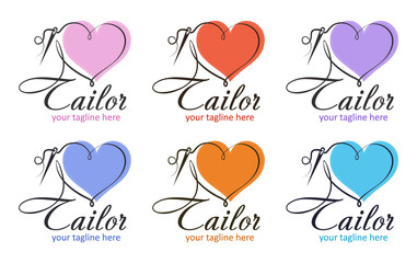 Creative vector tailor logo. Hand Embroidery modern creative logo. Sewing, clothing, needlework and sphere of services. Hand made symbol in trendy line style with lettering.