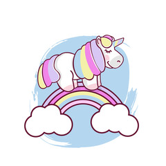 Cute magical unicorn and rainbow, design isolated on white background. Print for t-shirt or sticker. Romantic hand drawing illustration for children. Vector illustration