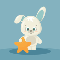 Obraz premium cute white happy cartoon rabbit bunny character with the orange star for card or decoration on birthday, easter or new year on blue background