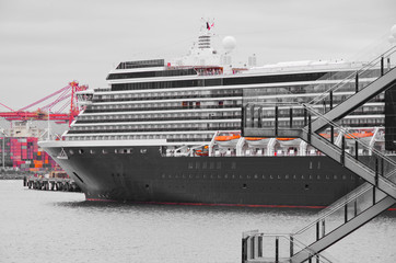 Classic HAL or Holland America cruiseship or cruise ship liner at terminal in port of Vancouver,...