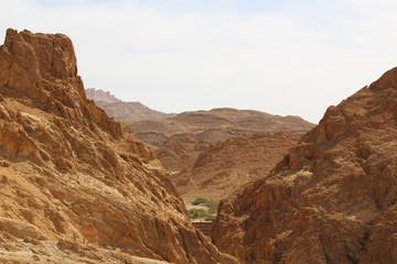 Mountain landscape with blue sky.