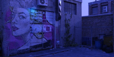 Blue evening in a industrial area. Old brick warehouse with graffiti on a wall. Urban grunge cityscape. Photorealistic 3d illustration.