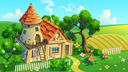 Naklejka premium Fantastic House-tower in garden. Vector illustration.