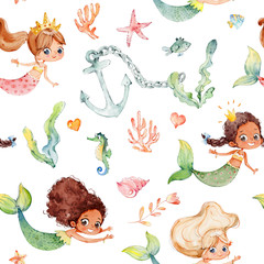 Seamless watercolor pattern with cute multiracial girls mermaids, sea elements, sea stars, fishes, flowers etc Girls Mermeids Pattern on a white © FoxyImage