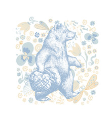 Illustration in graphic style with the cartoon walking bear on a floral ornamental background. Side view bear wearing t-shirt with the basket full of fruits and Flowers and Floral Background. Vector