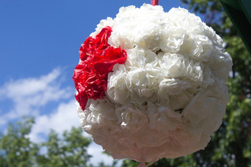 Abstract background of the flowers of colored paper closeup shot. origami ball paper figure....