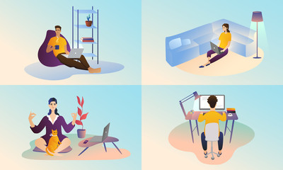 Remote work illustrations set. Young handsome guys work at home. The guy with the laptop at the table. Yoga classes online course. Remote work concept. Fresh design.