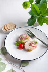Healthy lunch eating with Chicken Roll, tomato, radish and micro-green salad. Food and health.