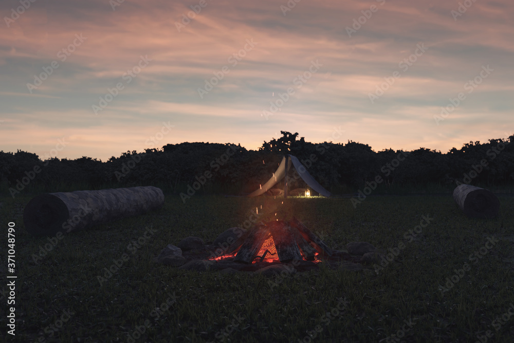 Wall mural 3d rendering of extinguished smoking bonfire with sparks and particles in front of forest in the eve
