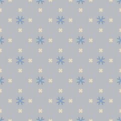Vector geometric floral pattern. Abstract minimal seamless texture. Simple ornament with small flower shapes, crosses. Elegant background in soft blue and yellow color. Cute repeat decorative design