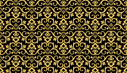 Wallpaper in the style of Baroque. Seamless vector background. Black and gold floral ornament. Graphic pattern for fabric, wallpaper, packaging. Ornate Damask flower ornament