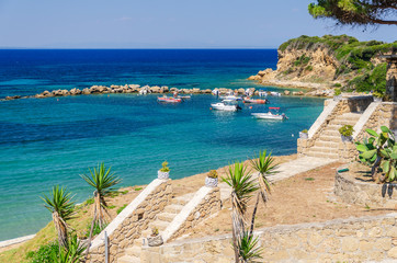 Naklejka na ściany i meble Beautiful Porto Roma sandy beach. It is situated on Vassilikos peninsula on the south east coast of Zakynthos island, Greece.