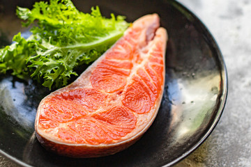salmon fish fresh seafood piece natural product portion serving size organic healthy eating top view place for text copy space keto or paleo diet raw second course pescetarian