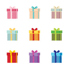 Gift Box with Bow Tie Vector Set, Colorful Holiday Gift Boxes, Birthday Gift Box Icon Vector Illustration Background