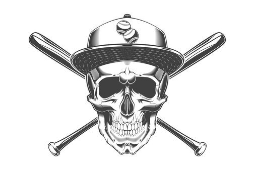Vintage monochrome skull with baseball cap and crossed baseball bats illustration. Isolated vector template