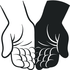 Two open empty hands black and white inside. Hands concept of receive something. Isolated sketch object. Flat vector illustration.