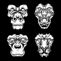 Set of Black and White Beast Face Illustration