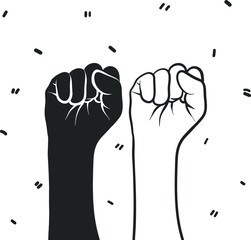Protest. Raised Fist Hands black and white. Flat vector illustration.