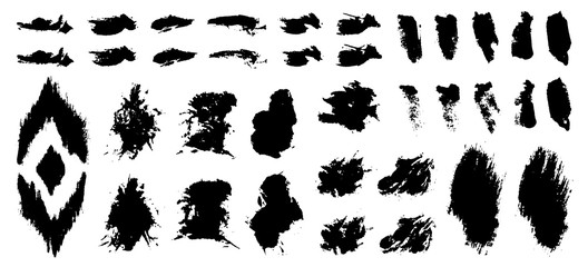 Grunge design elements set. Grunge shapes collection for patterns or backdrops. Grungy splatter. Paint stains. Quirky scribbles. Grungy ink spots and drops.