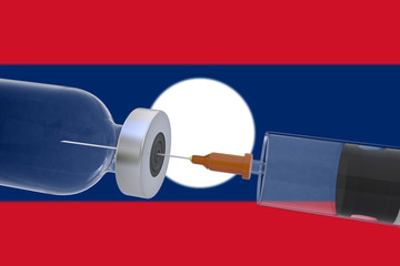 3D Illustration vaccine container bottle accompanied by a syringe with Laos flag covid19 covid-19 coronavirus.