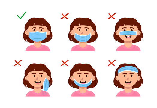 How to properly wear a mask on the face of children. Protection from coronavirus infection. Vector flat cartoon instructions.
