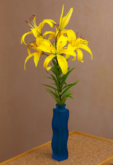 Yellow lily in a blue vase. Pretty summer flower. Beautiful blooming.