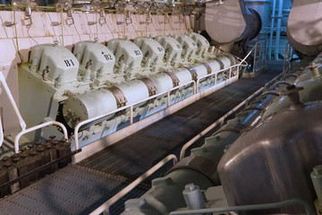 The engine compartment of the ship. Engine and steering equipmen