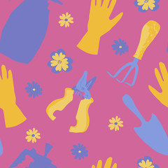 Bright summer vector seamless pattern with garden sprayer, gloves, hand shovel, pruners, rake and cute flowers