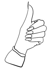Hand with thumb up. Feminine approval. A hand with long notes and a raised thumb. One line drawing.