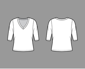 Deep V-neck jersey sweater technical fashion illustration with elbow sleeves, oversized body. Flat shirt apparel template front, back white color. Women, men unisex outfit top CAD mockup
