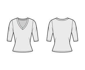 Deep V-neck jersey sweater technical fashion illustration with elbow sleeves, close-fitting shape. Flat shirt apparel template front, back grey color. Women, men, unisex outfit top CAD mockup